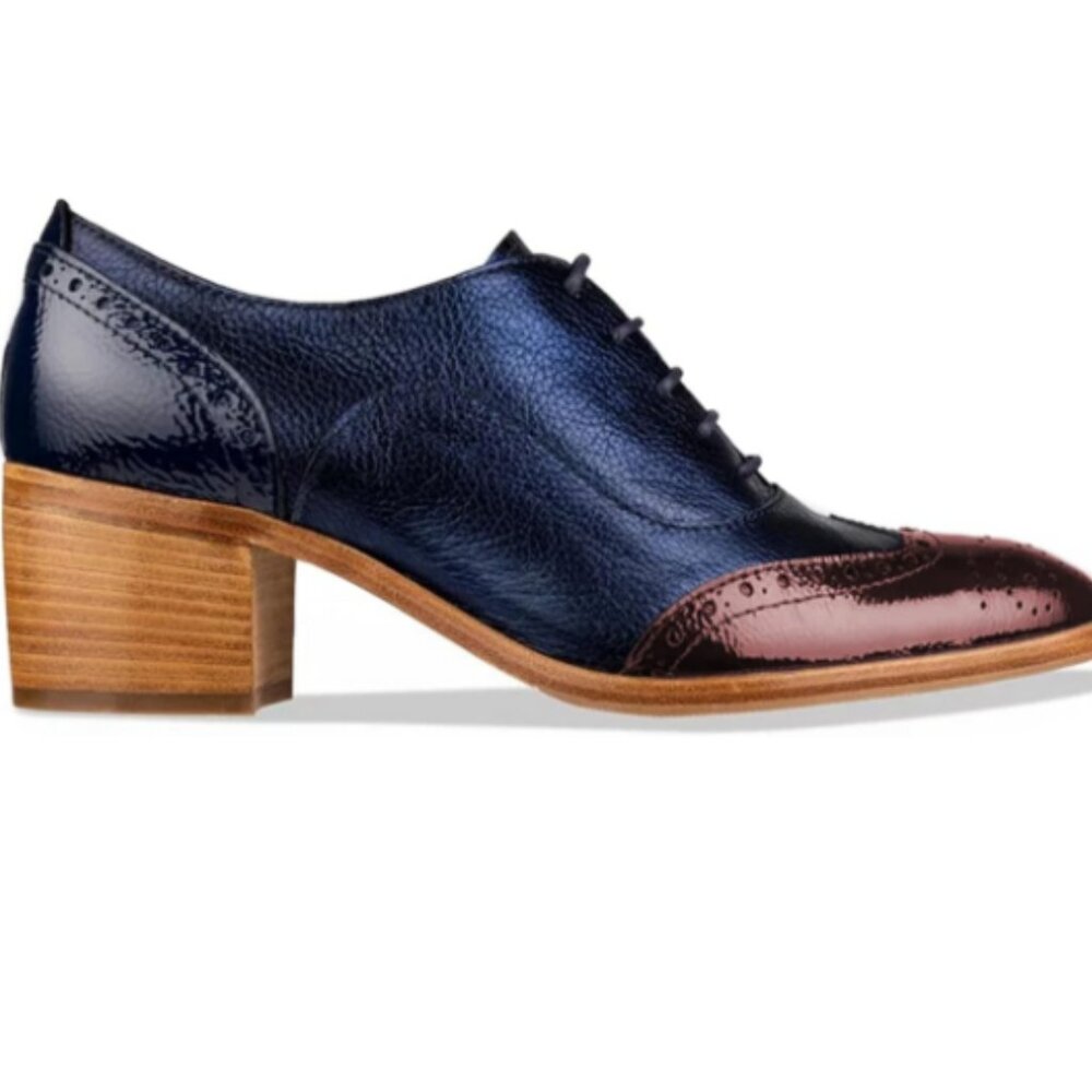 FOWT Women's Perforated Lace-Up Oxfords Almond Toe Mid Chunky Heel